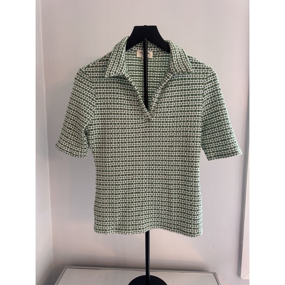 Kim & Cami Tops - Kim & Cami Textured Geo Knit Polo Top Green White Small Coastal Mod